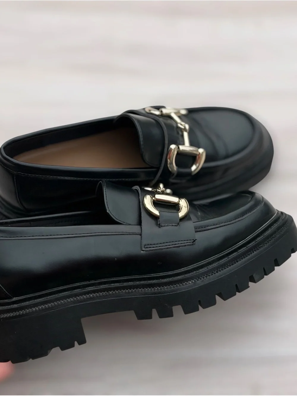 H&M Chunky Platform Loafers Black Gold Horsebit Sz 38 Like New!